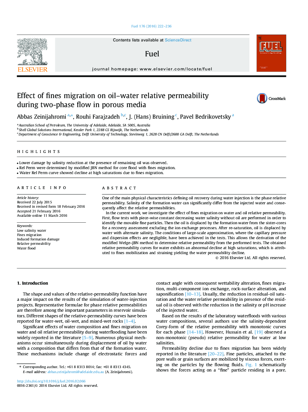 Effect of fines migration on oil–water relative permeability during two-phase flow in porous media