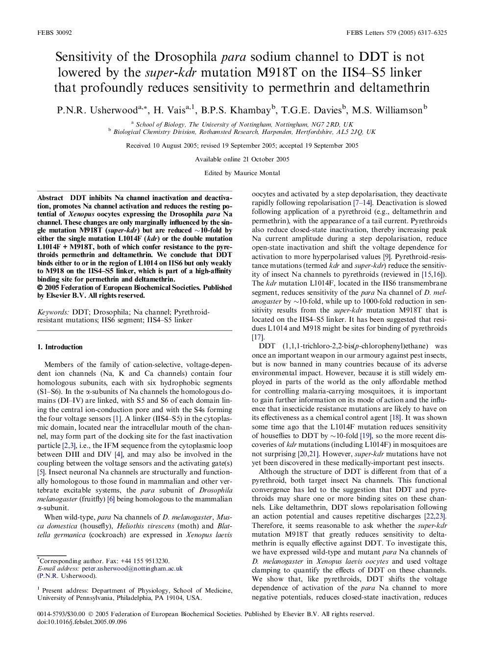 Sensitivity of the Drosophila para sodium channel to DDT is not lowered by the super-kdr mutation M918T on the IIS4–S5 linker that profoundly reduces sensitivity to permethrin and deltamethrin