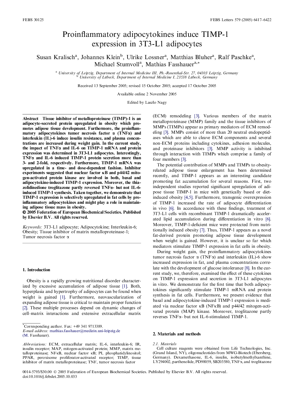 Proinflammatory adipocytokines induce TIMP-1 expression in 3T3-L1 adipocytes