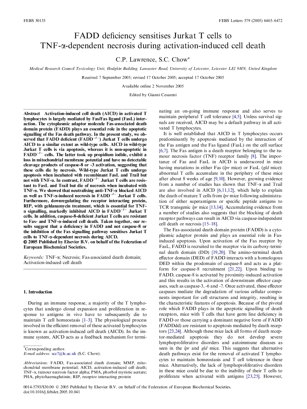 FADD deficiency sensitises Jurkat T cells to TNF-α-dependent necrosis during activation-induced cell death