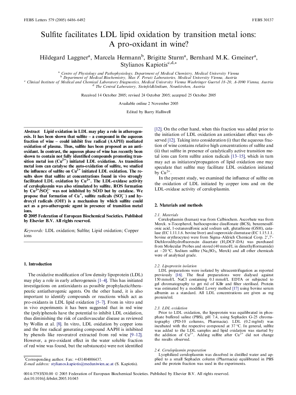 Sulfite facilitates LDL lipid oxidation by transition metal ions: A pro-oxidant in wine?