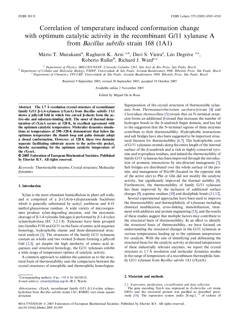 Correlation of temperature induced conformation change with optimum catalytic activity in the recombinant G/11 xylanase A from Bacillus subtilis strain 168 (1A1)