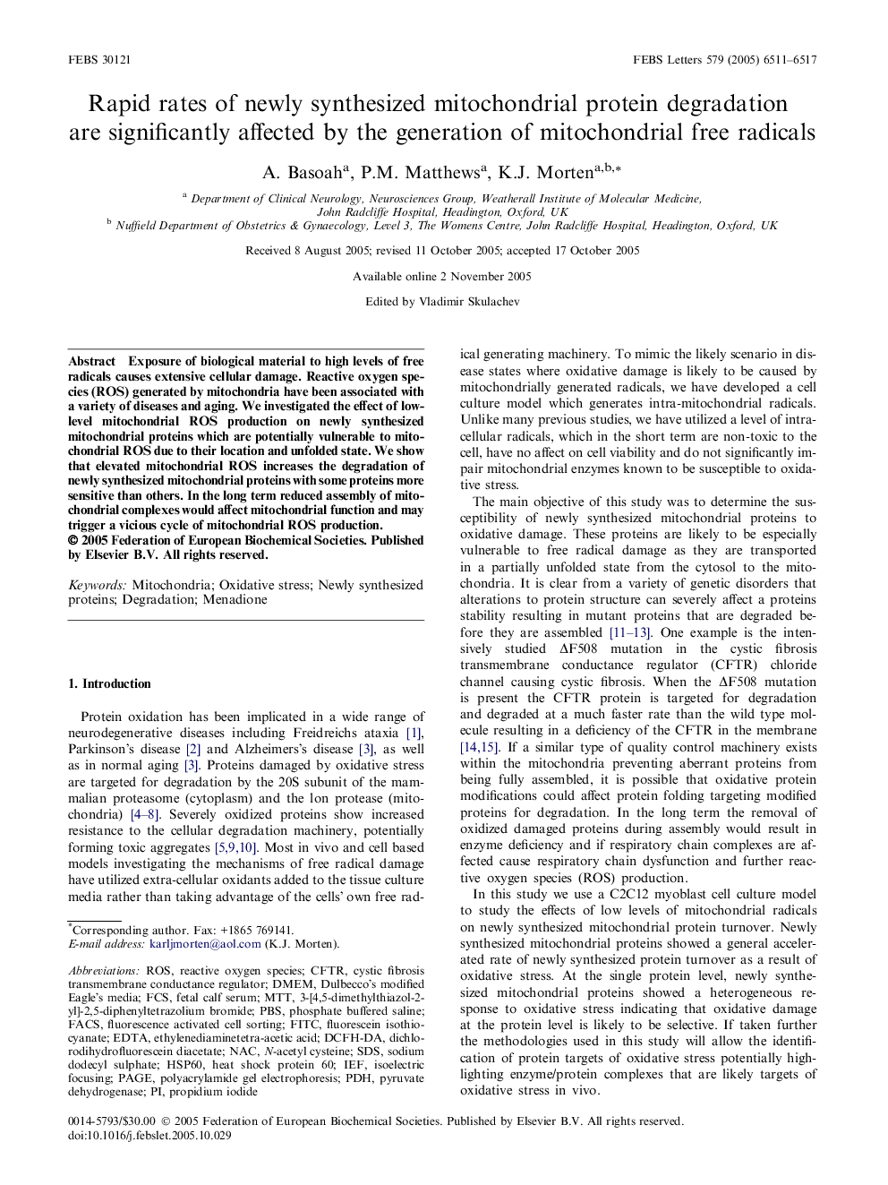 Rapid rates of newly synthesized mitochondrial protein degradation are significantly affected by the generation of mitochondrial free radicals