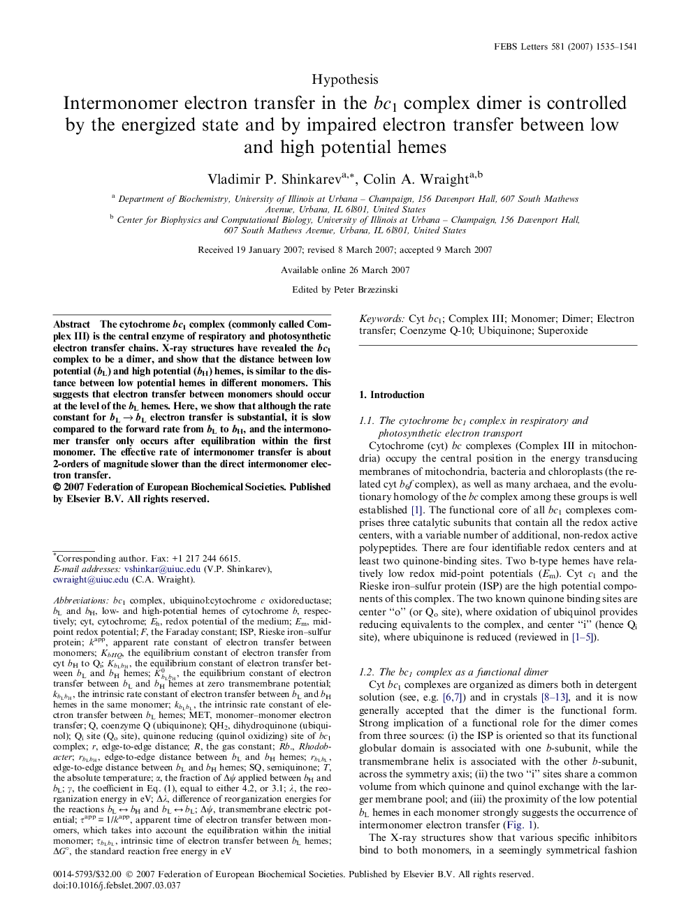 Intermonomer electron transfer in the bc1 complex dimer is controlled by the energized state and by impaired electron transfer between low and high potential hemes