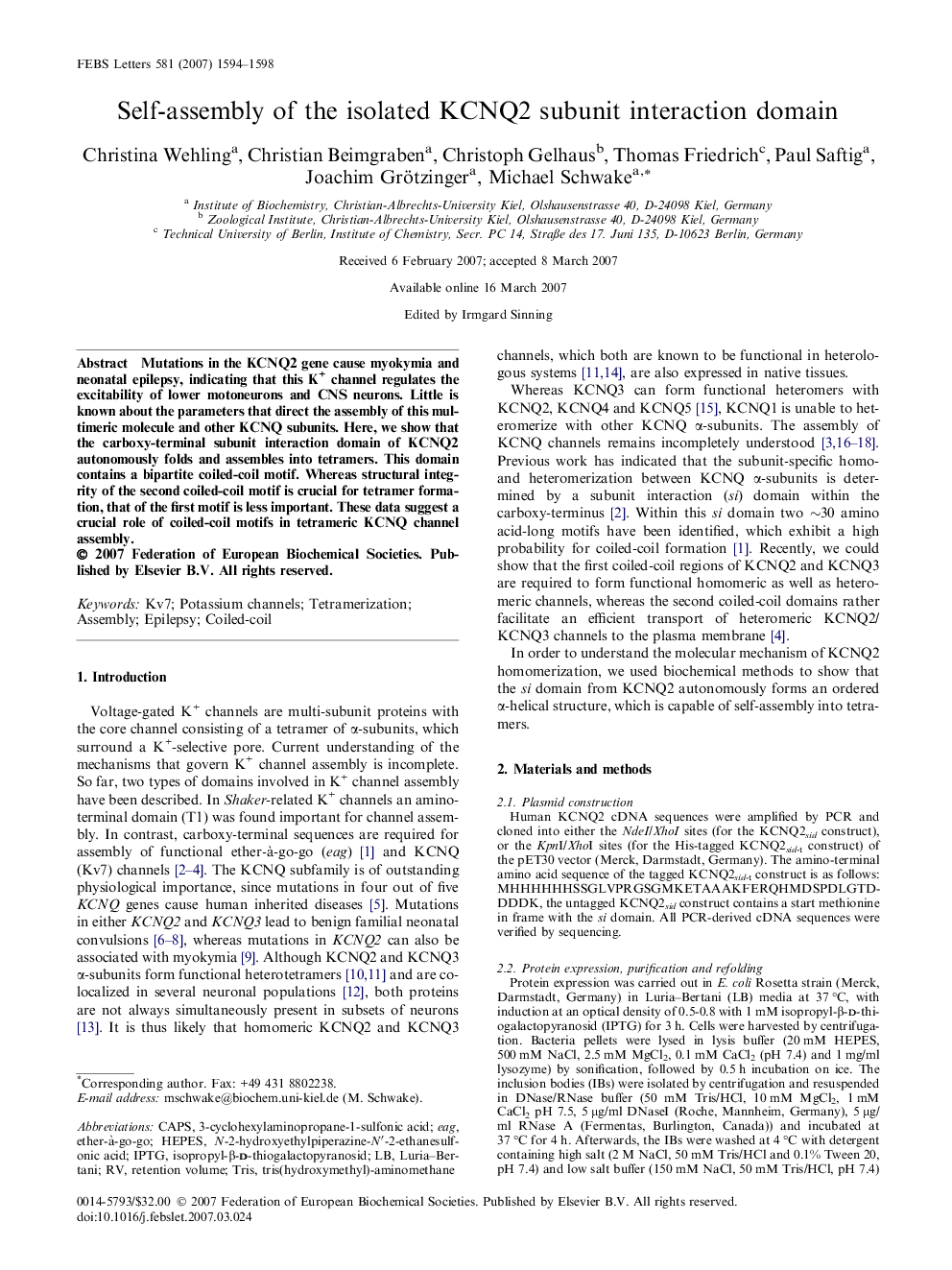 Self-assembly of the isolated KCNQ2 subunit interaction domain