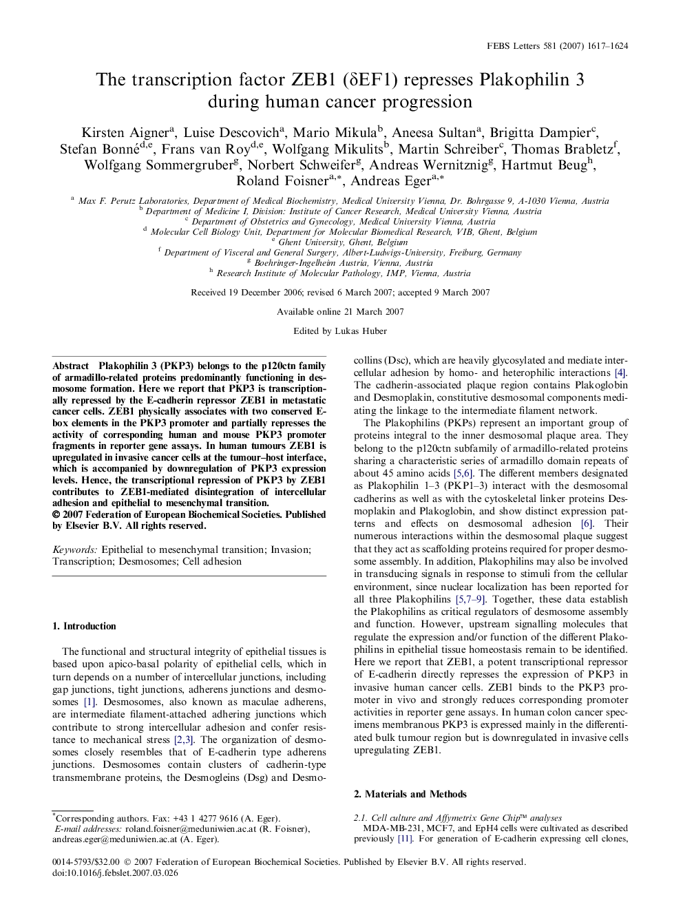 The transcription factor ZEB1 (δEF1) represses Plakophilin 3 during human cancer progression