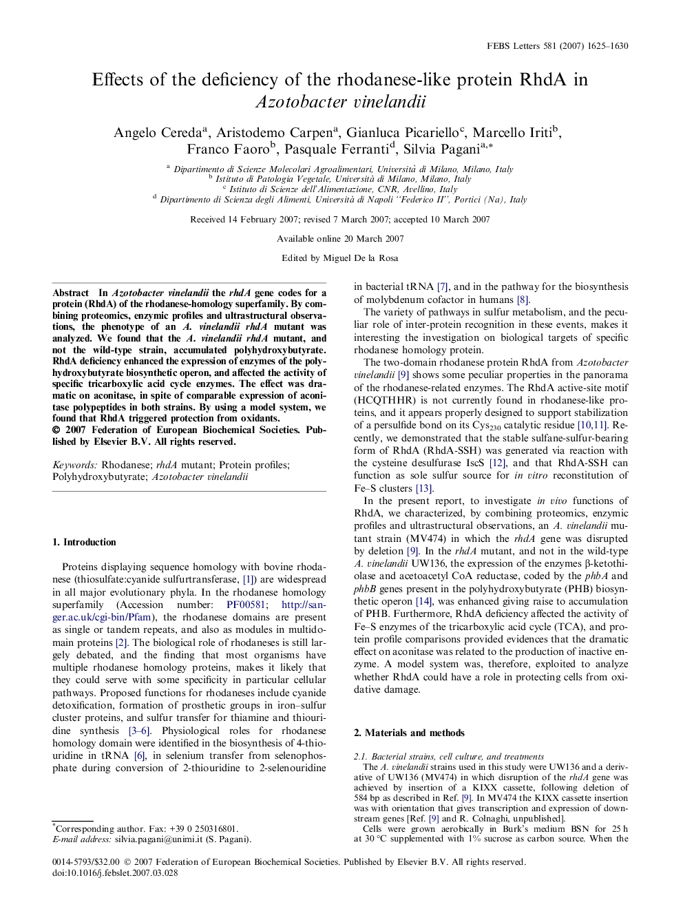 Effects of the deficiency of the rhodanese-like protein RhdA in Azotobacter vinelandii