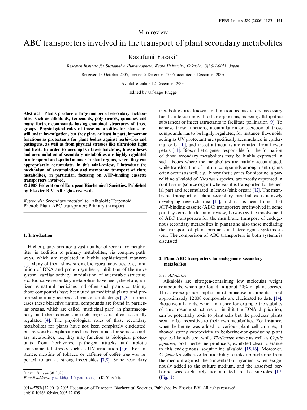 ABC transporters involved in the transport of plant secondary metabolites