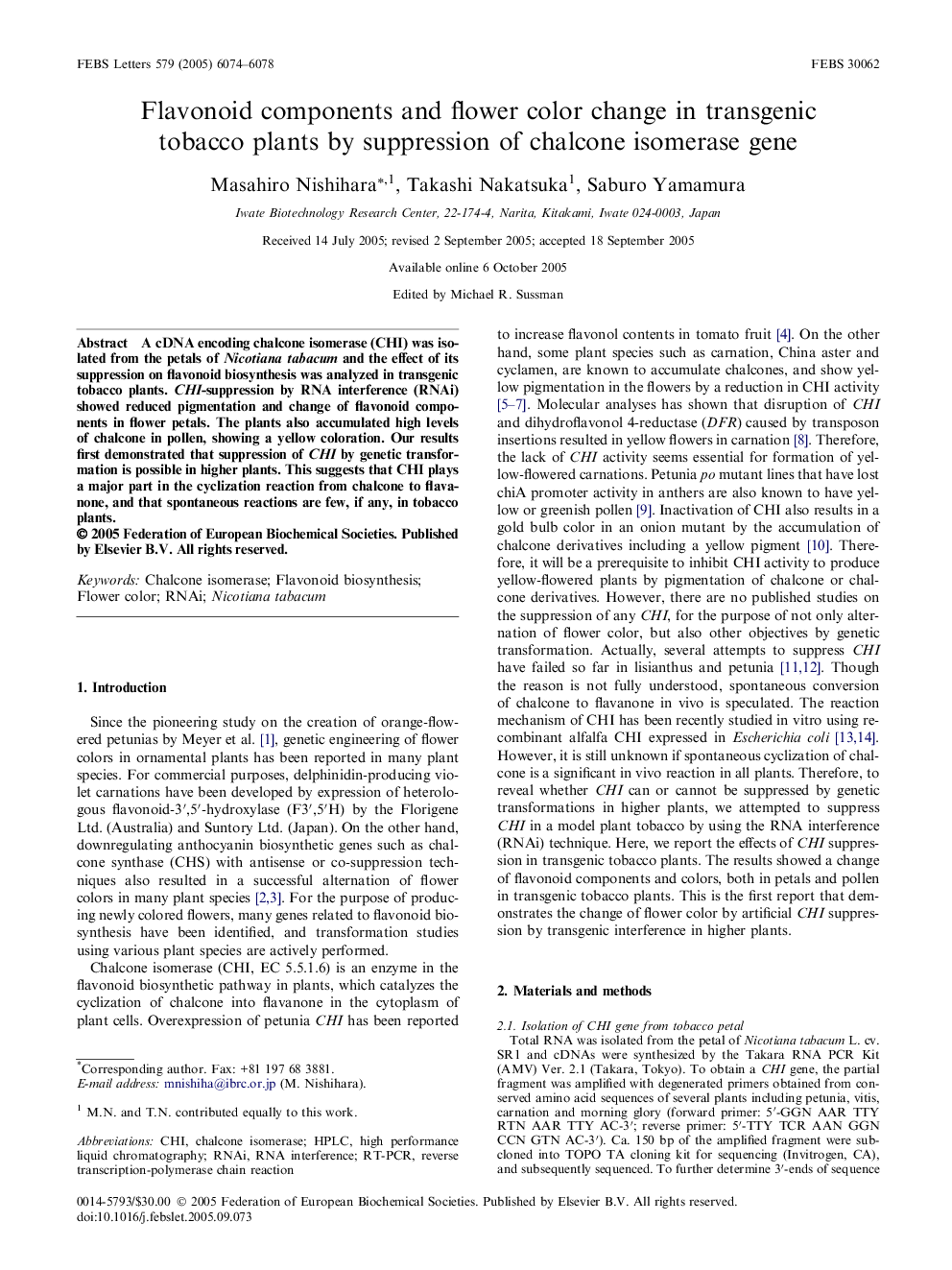 Flavonoid components and flower color change in transgenic tobacco plants by suppression of chalcone isomerase gene