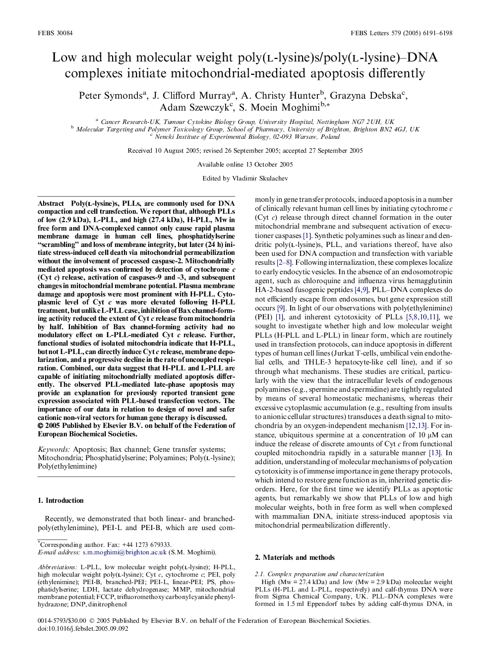 Low and high molecular weight poly(l-lysine)s/poly(l-lysine)–DNA complexes initiate mitochondrial-mediated apoptosis differently