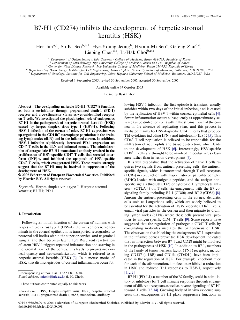 B7-H1 (CD274) inhibits the development of herpetic stromal keratitis (HSK)