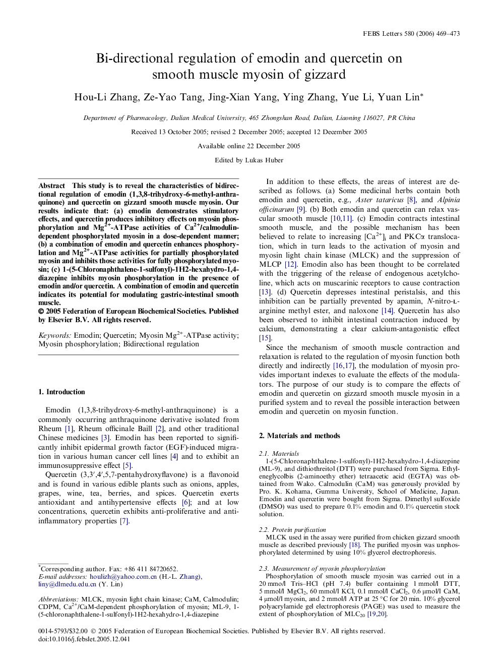 Bi-directional regulation of emodin and quercetin on smooth muscle myosin of gizzard