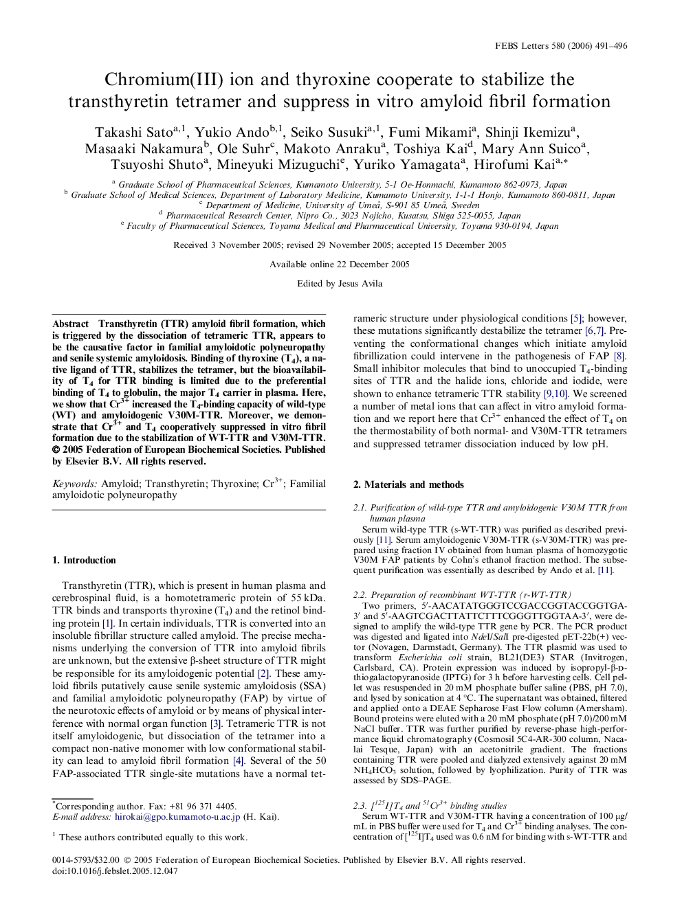 Chromium(III) ion and thyroxine cooperate to stabilize the transthyretin tetramer and suppress in vitro amyloid fibril formation