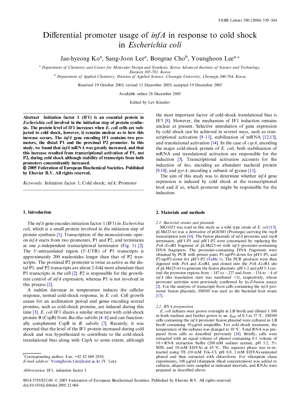 Differential promoter usage of infA in response to cold shock in Escherichia coli