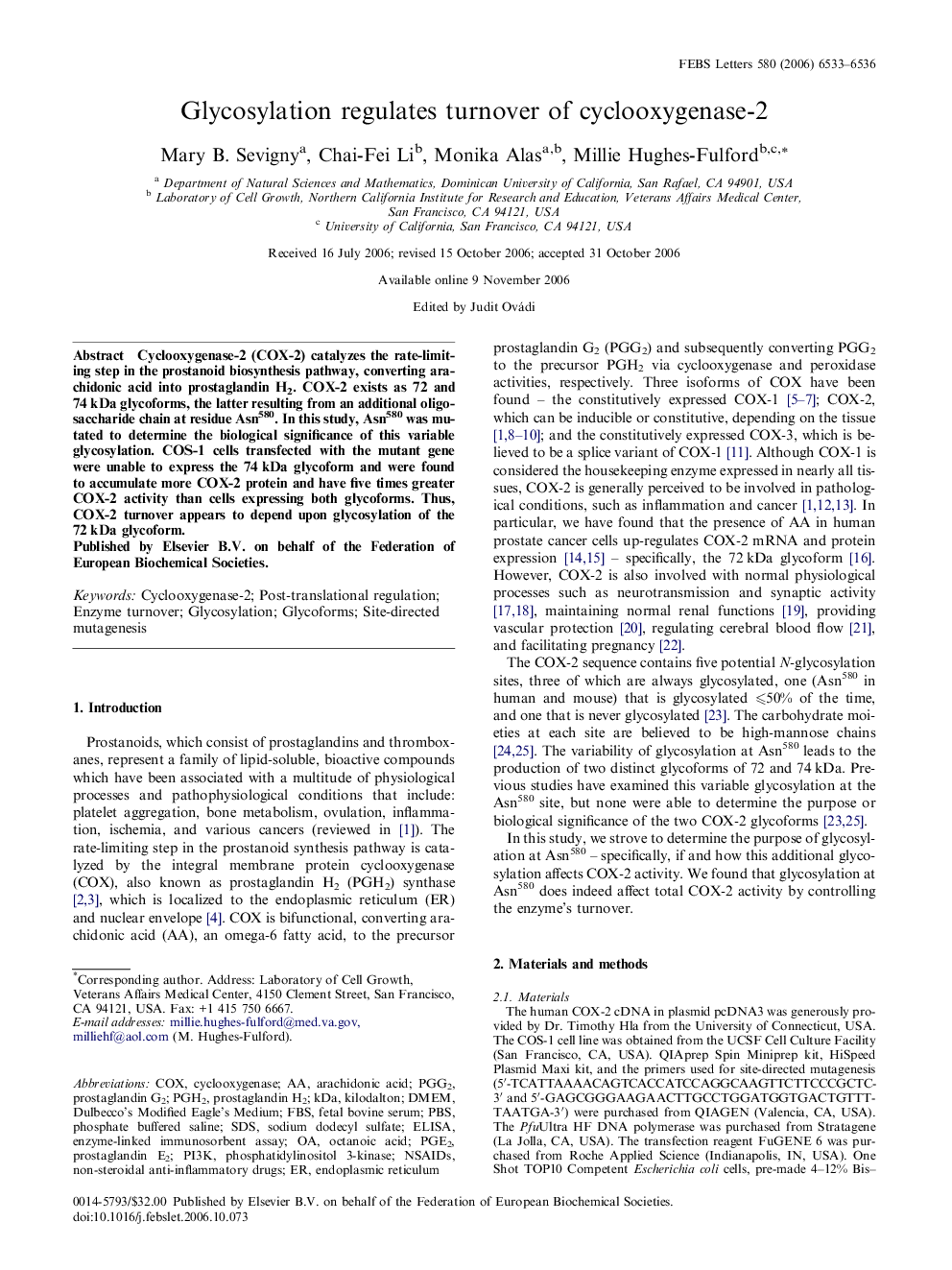 Glycosylation regulates turnover of cyclooxygenase-2