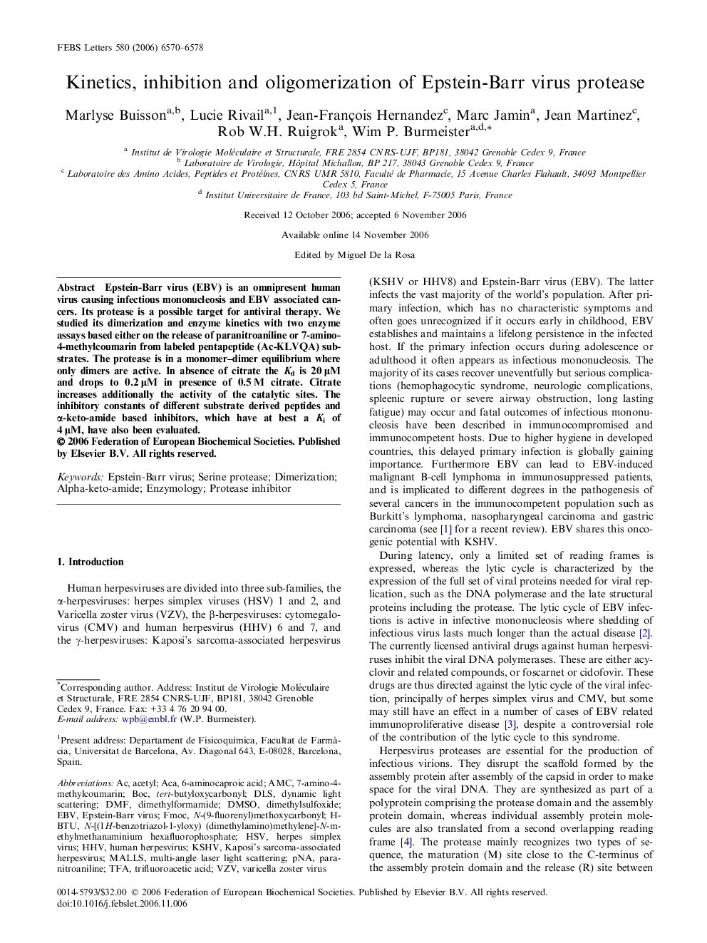 Kinetics, inhibition and oligomerization of Epstein-Barr virus protease