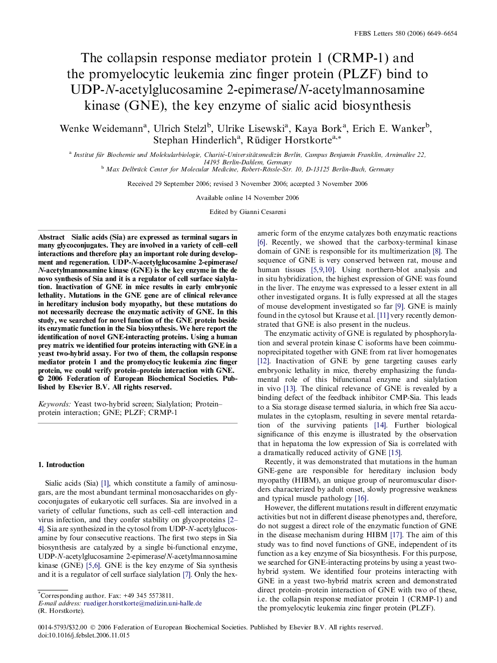 The collapsin response mediator protein 1 (CRMP-1) and the promyelocytic leukemia zinc finger protein (PLZF) bind to UDP-N-acetylglucosamine 2-epimerase/N-acetylmannosamine kinase (GNE), the key enzyme of sialic acid biosynthesis