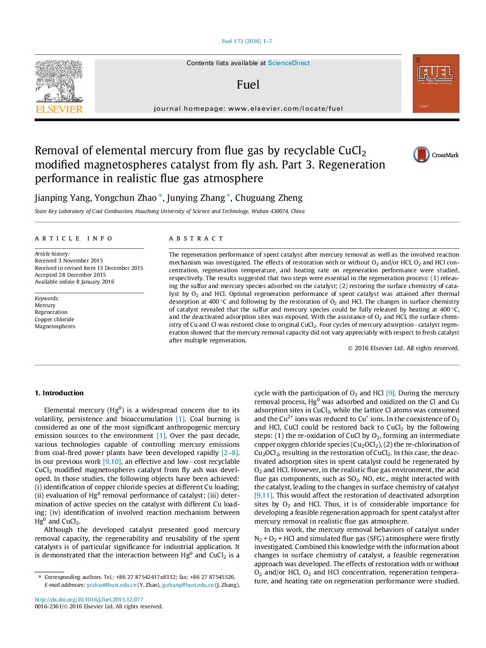 Removal of elemental mercury from flue gas by recyclable CuCl2 modified magnetospheres catalyst from fly ash. Part 3. Regeneration performance in realistic flue gas atmosphere