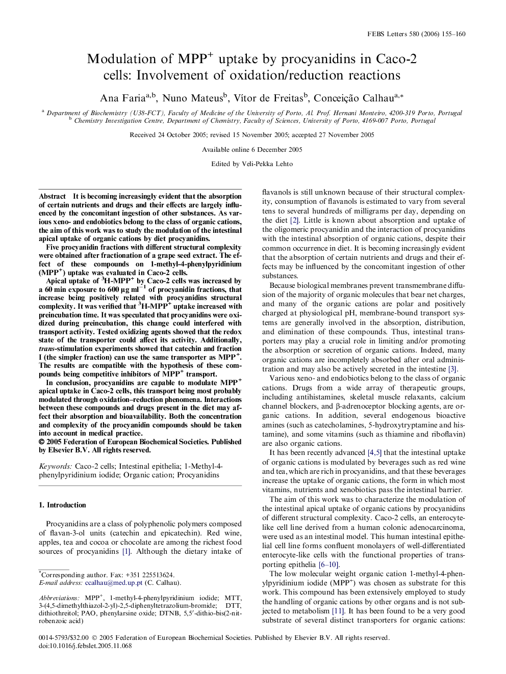 Modulation of MPP+ uptake by procyanidins in Caco-2 cells: Involvement of oxidation/reduction reactions