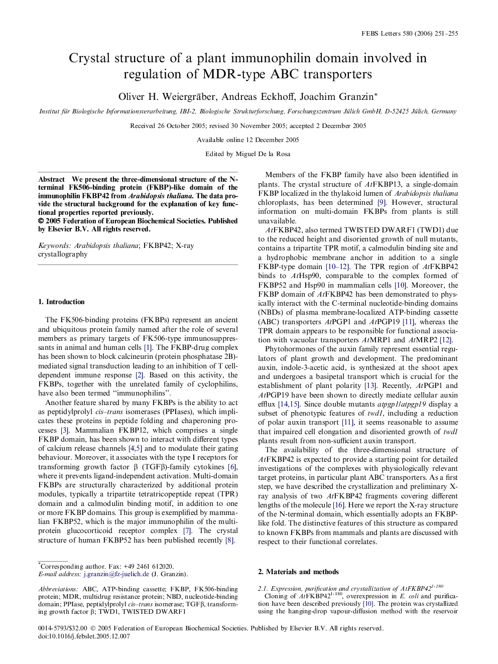 Crystal structure of a plant immunophilin domain involved in regulation of MDR-type ABC transporters