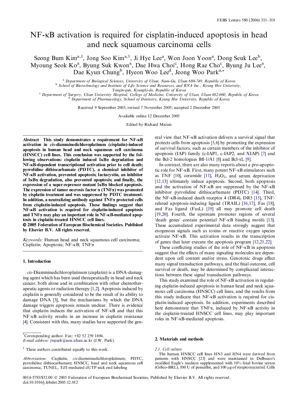 عکس صفحه اول مقاله: NF-κB activation is required for cisplatin-induced apoptosis in head and neck squamous carcinoma cells NF-κB activation is required for cisplatin-induced apoptosis in head and neck squamous carcinoma cells