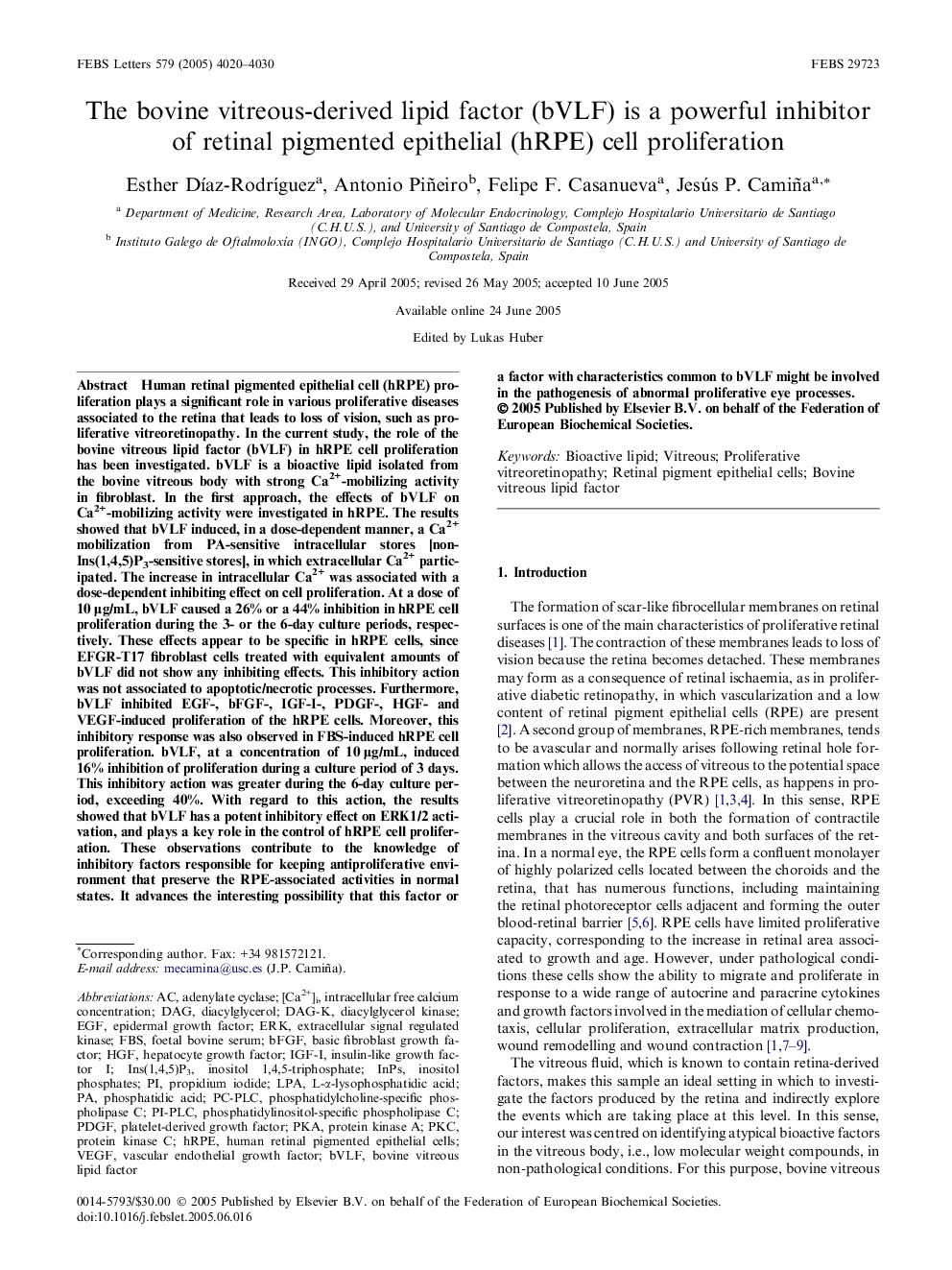 The bovine vitreous-derived lipid factor (bVLF) is a powerful inhibitor of retinal pigmented epithelial (hRPE) cell proliferation