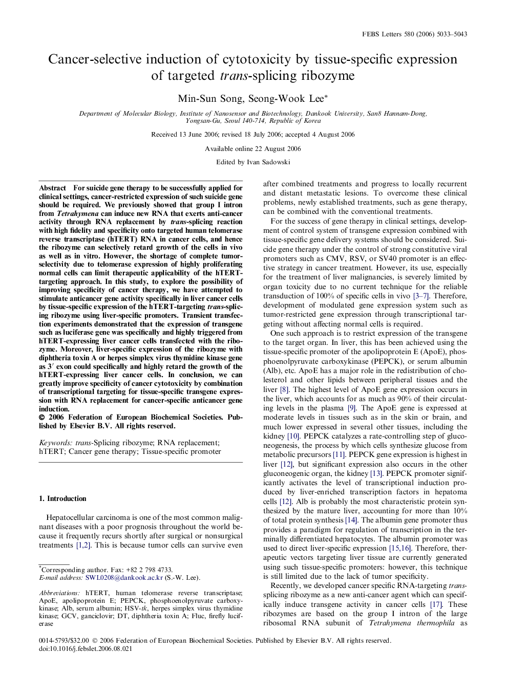 Cancer-selective induction of cytotoxicity by tissue-specific expression of targeted trans-splicing ribozyme