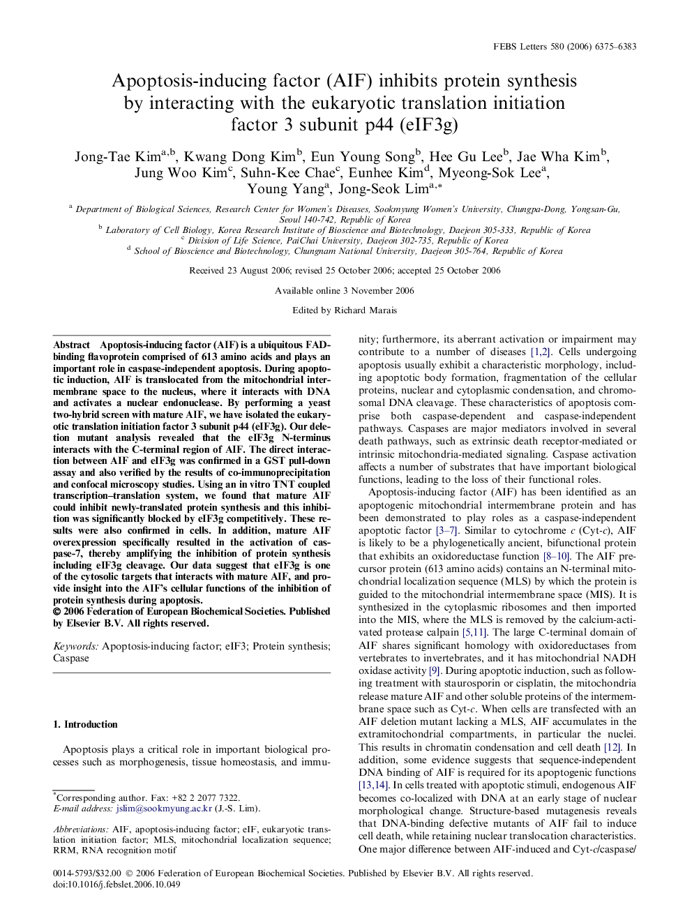 Apoptosis-inducing factor (AIF) inhibits protein synthesis by interacting with the eukaryotic translation initiation factor 3 subunit p44 (eIF3g)