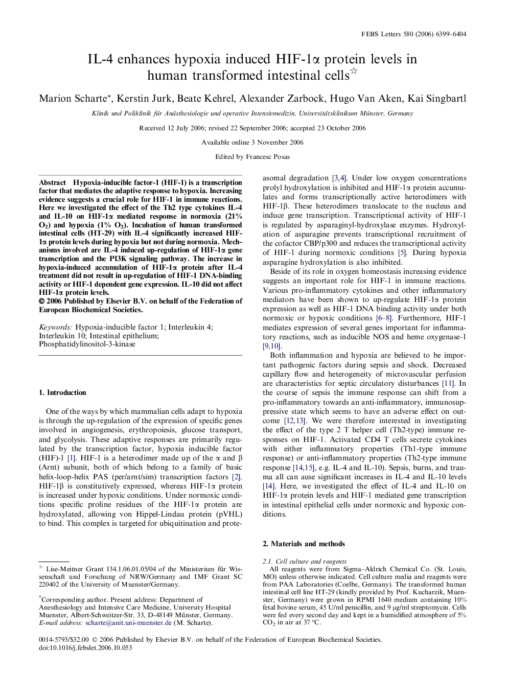 IL-4 enhances hypoxia induced HIF-1α protein levels in human transformed intestinal cells 