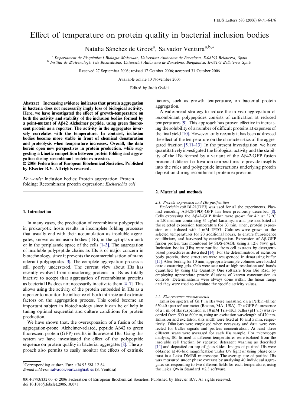 Effect of temperature on protein quality in bacterial inclusion bodies