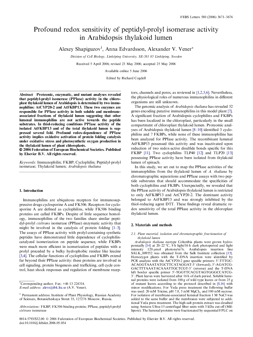 Profound redox sensitivity of peptidyl-prolyl isomerase activity in Arabidopsis thylakoid lumen