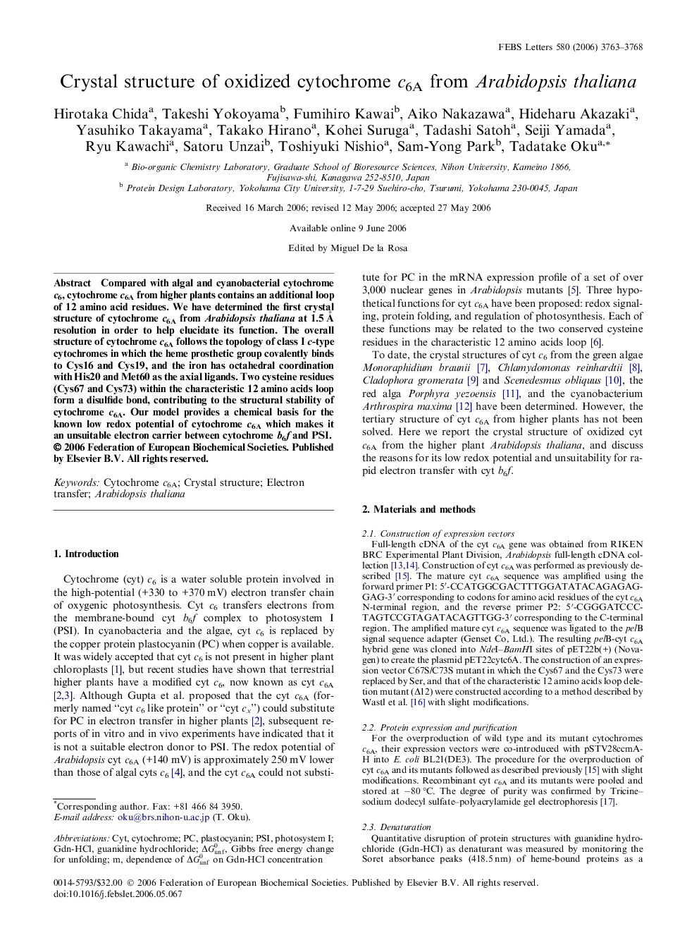 Crystal structure of oxidized cytochrome c6A from Arabidopsis thaliana