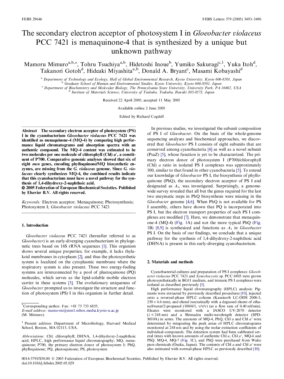 The secondary electron acceptor of photosystem I in Gloeobacter violaceus PCC 7421 is menaquinone-4 that is synthesized by a unique but unknown pathway