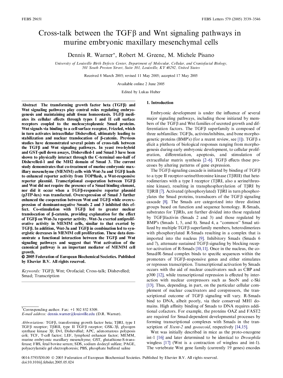 Cross-talk between the TGFβ and Wnt signaling pathways in murine embryonic maxillary mesenchymal cells