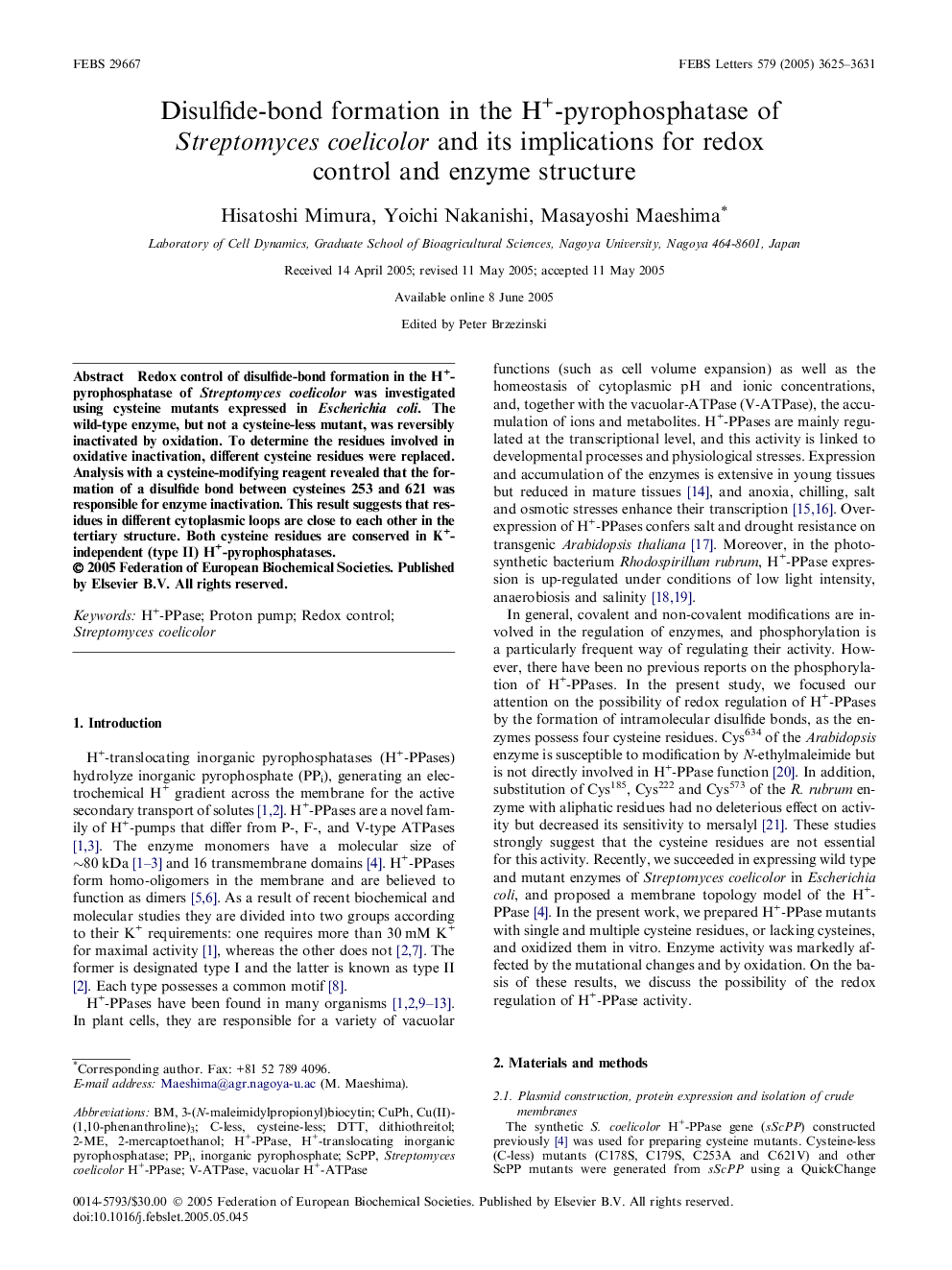 Disulfide-bond formation in the H+-pyrophosphatase of Streptomyces coelicolor and its implications for redox control and enzyme structure