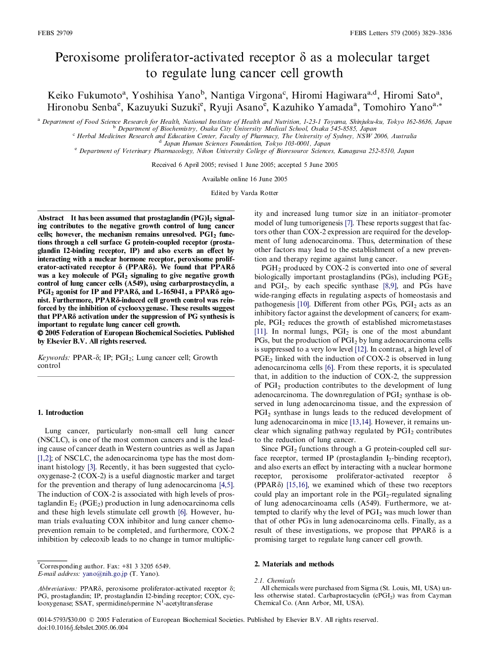 Peroxisome proliferator-activated receptor δ as a molecular target to regulate lung cancer cell growth