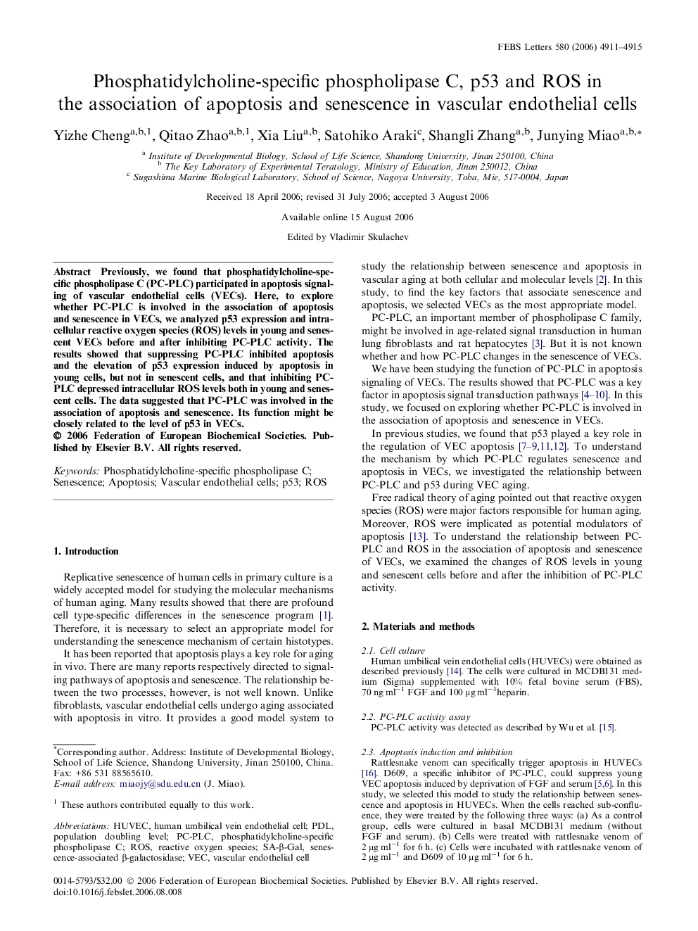 Phosphatidylcholine-specific phospholipase C, p53 and ROS in the association of apoptosis and senescence in vascular endothelial cells