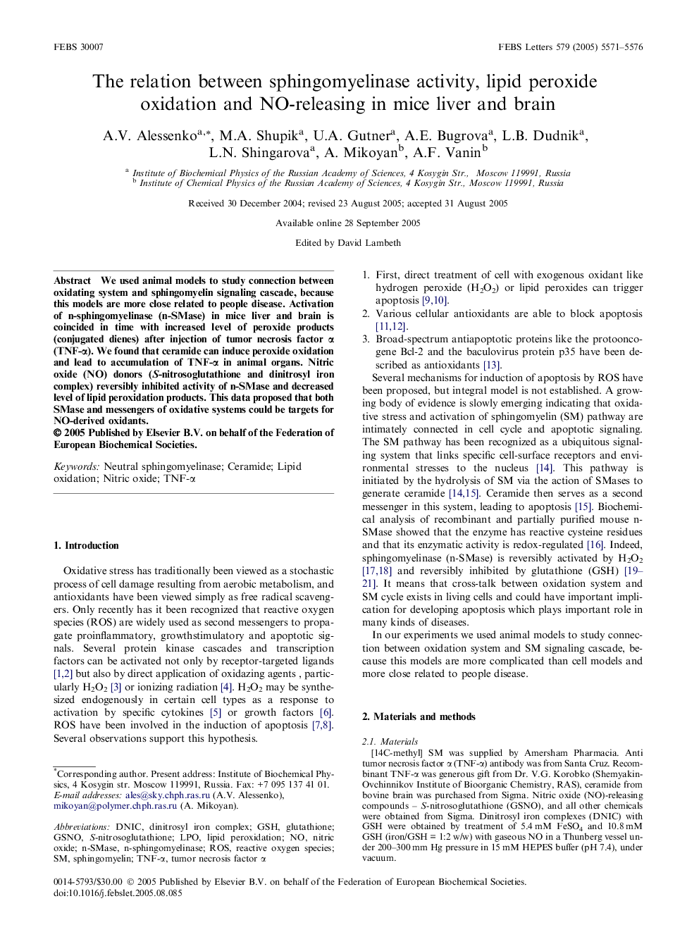 The relation between sphingomyelinase activity, lipid peroxide oxidation and NO-releasing in mice liver and brain