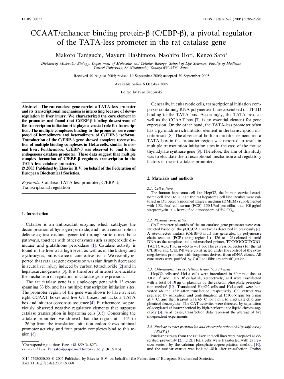 CCAAT/enhancer binding protein-β (C/EBP-β), a pivotal regulator of the TATA-less promoter in the rat catalase gene