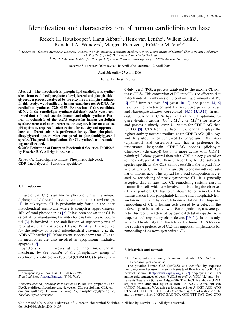عکس صفحه اول مقاله: Identification and characterization of human cardiolipin synthase Identification and characterization of human cardiolipin synthase