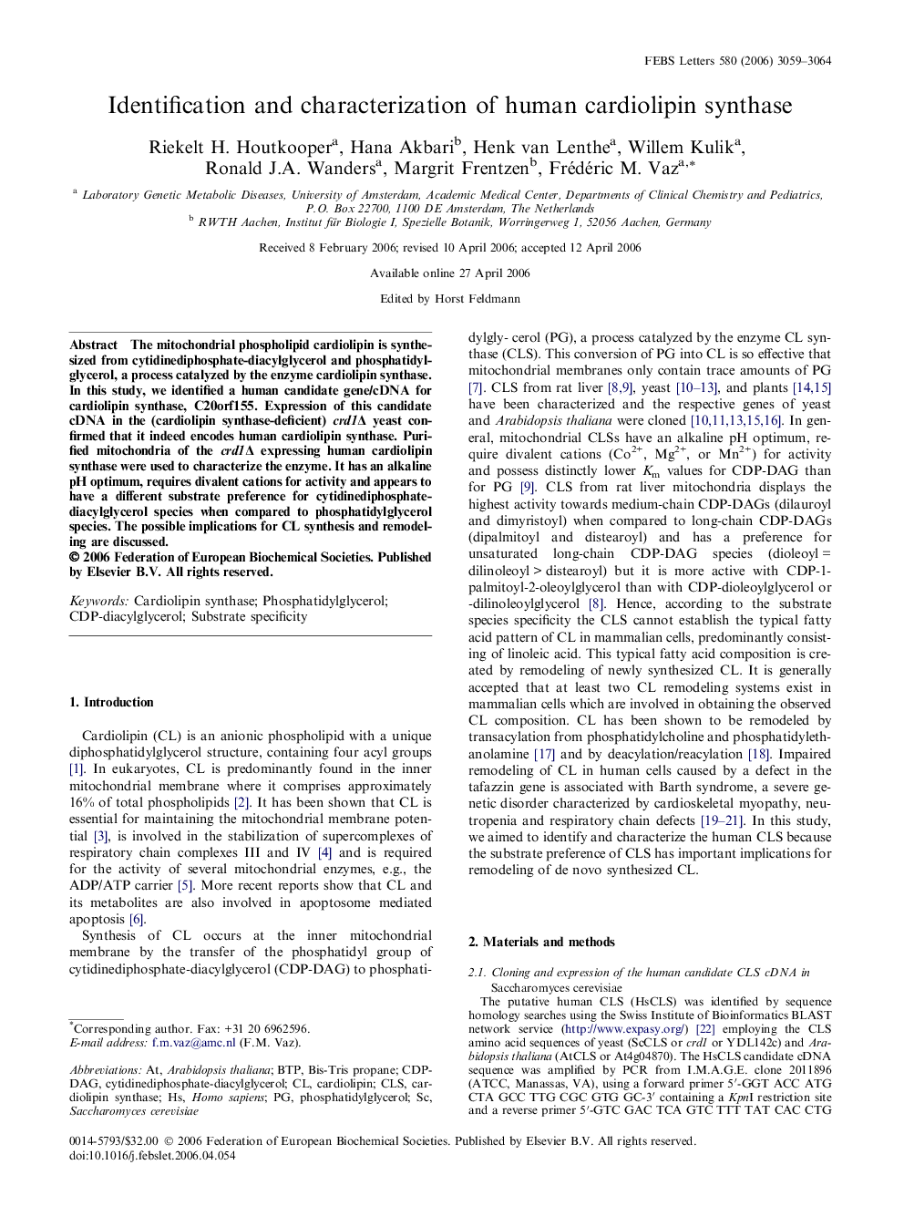 Identification and characterization of human cardiolipin synthase