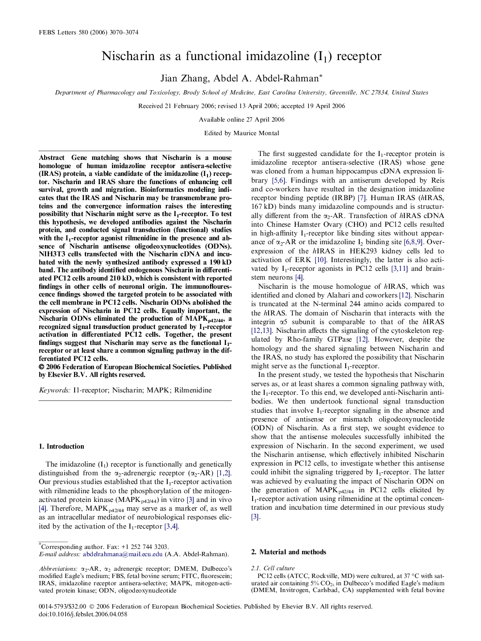 Nischarin as a functional imidazoline (I1) receptor