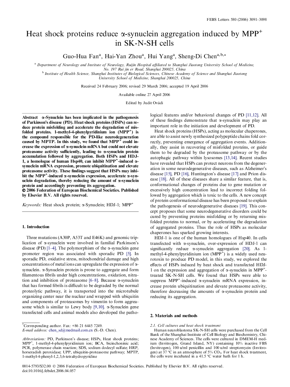 Heat shock proteins reduce α-synuclein aggregation induced by MPP+ in SK-N-SH cells