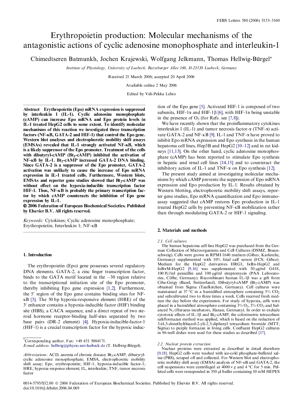 Erythropoietin production: Molecular mechanisms of the antagonistic actions of cyclic adenosine monophosphate and interleukin-1