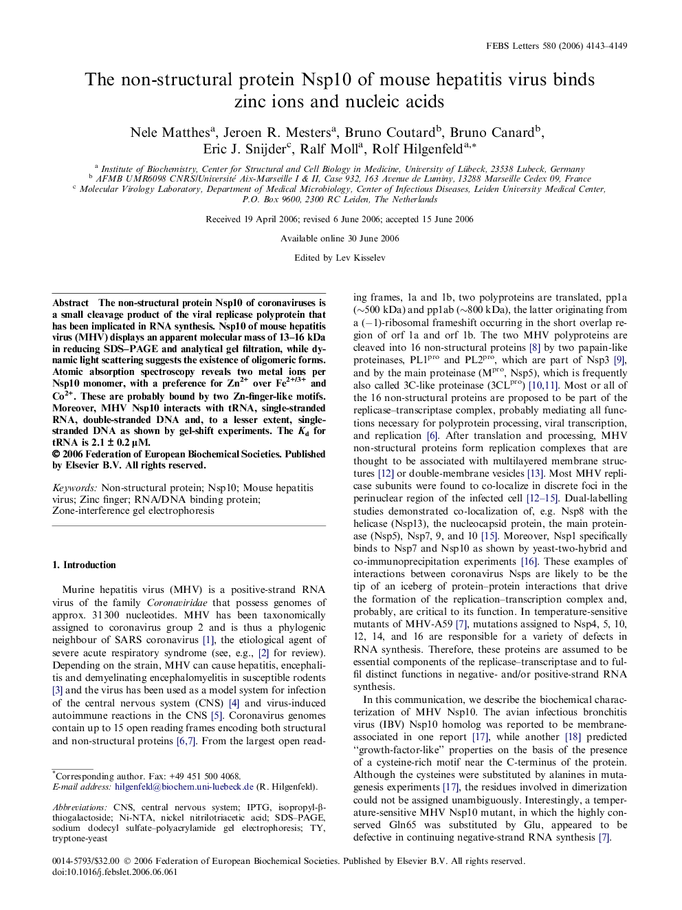 The non-structural protein Nsp10 of mouse hepatitis virus binds zinc ions and nucleic acids