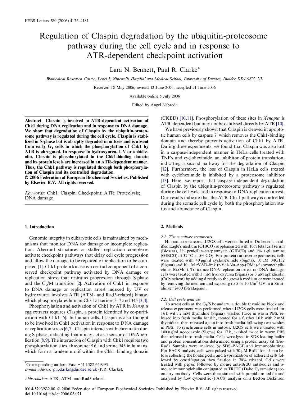 Regulation of Claspin degradation by the ubiquitin-proteosome pathway during the cell cycle and in response to ATR-dependent checkpoint activation