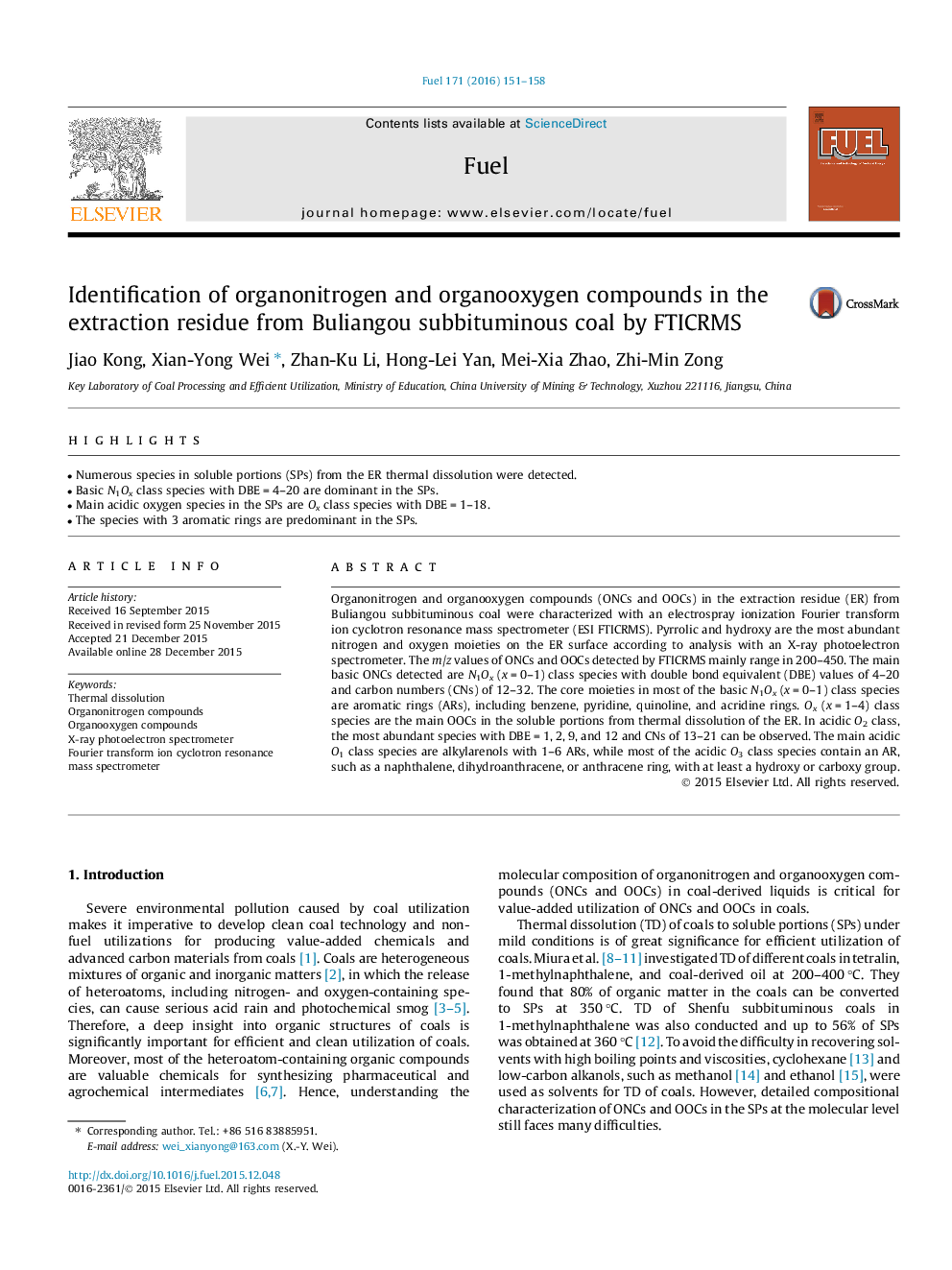 Identification of organonitrogen and organooxygen compounds in the extraction residue from Buliangou subbituminous coal by FTICRMS