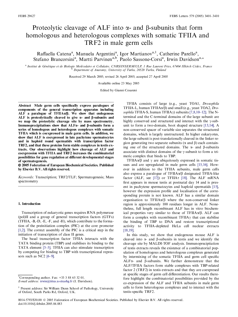 Proteolytic cleavage of ALF into α- and β-subunits that form homologous and heterologous complexes with somatic TFIIA and TRF2 in male germ cells