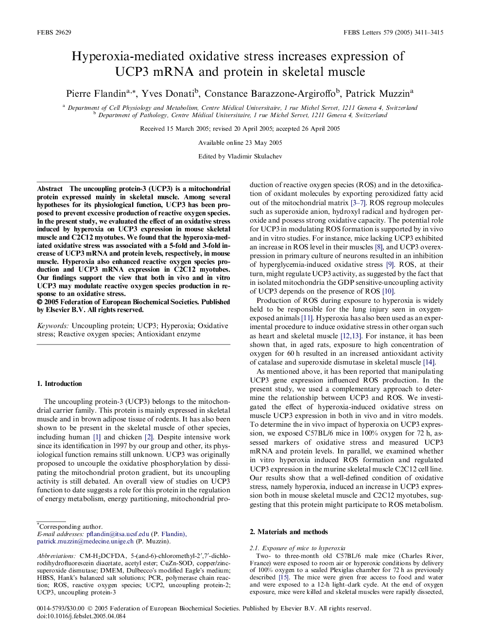 Hyperoxia-mediated oxidative stress increases expression of UCP3 mRNA and protein in skeletal muscle