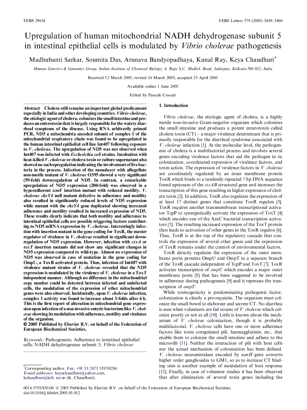 Upregulation of human mitochondrial NADH dehydrogenase subunit 5 in intestinal epithelial cells is modulated by Vibrio cholerae pathogenesis